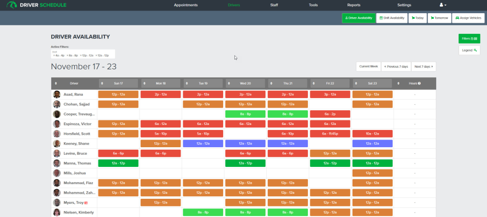 screenshot of Driver Schedule